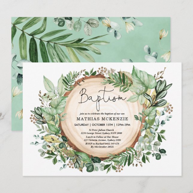 Watercolor Woodland Greenery Baptism Christening Invitation (Front/Back)