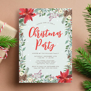 Watercolor Woodland Greenery Christmas Party Invitation