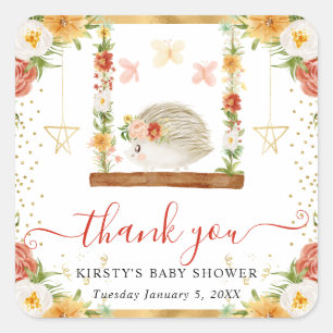 Watercolor Woodland Hedgehog Baby Shower Square Sticker