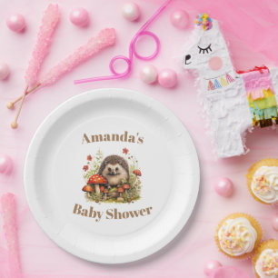 Watercolor Woodland Hedgehog Mushrooms Baby Shower Paper Plate