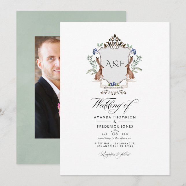 Watercolor Woodland Laurel Crest Monogram Wedding  Invitation (Front/Back)