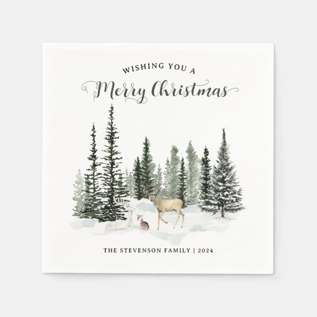 Watercolor Woodland Merry Christmas Napkin (Front)