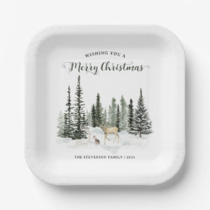 Watercolor Woodland Merry Christmas Paper Plate