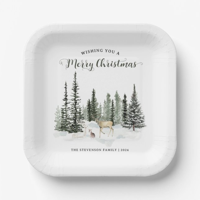 Watercolor Woodland Merry Christmas Paper Plate (Front)