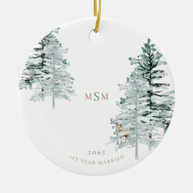 Watercolor Woodland Monogram 1st Year Married Ceramic Ornament (Front)