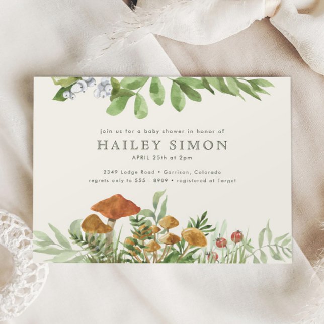 Watercolor Woodland Mushroom Greenery Baby Shower Invitation (Creator Uploaded)