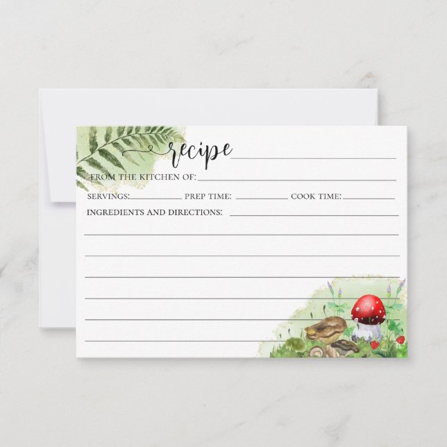 Watercolor Woodland Mushrooms Ferns Recipe Card (Front)
