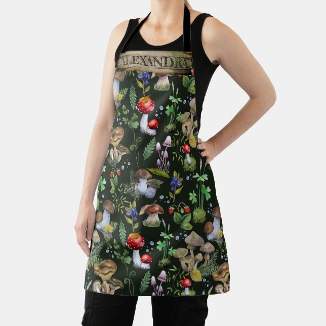 Watercolor Woodland Mushrooms Moss Pattern Name Apron (Insitu)