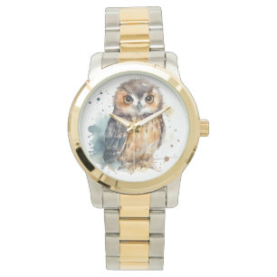 Watercolor Woodland Owl Two-Tone Timepiece Watch