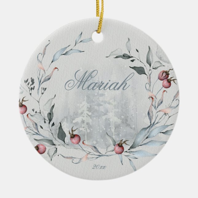 Watercolor Woodland Peaceful Winter Ceramic Ornament (Front)