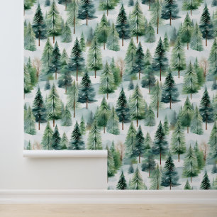 Watercolor Woodland Pine Trees Snowfall Wallpaper