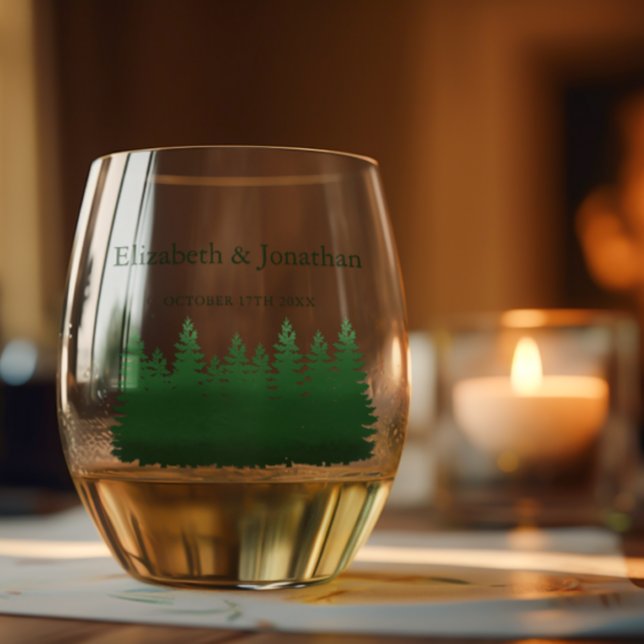 Watercolor Woodland Pines Wedding Stemless Wine Glass (Creator Uploaded)