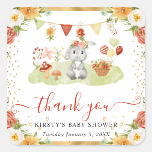 Watercolor Woodland Rabbit Baby Shower Square Sticker