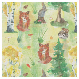 Watercolor Woodland Rabbit ,Hedgehog,fox Fabric