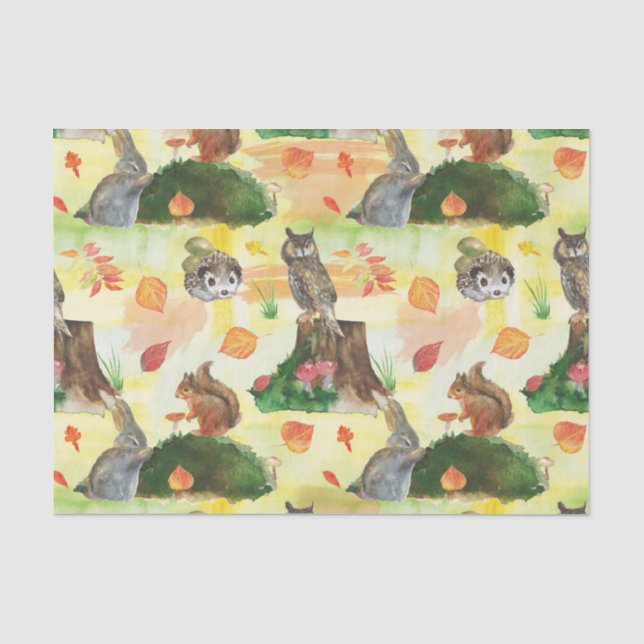 Watercolor Woodland Rabbit,owl, squirrel, hedgehog Tissue Paper (Front)