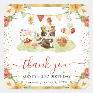 Watercolor Woodland Raccoon Birthday Square Sticker
