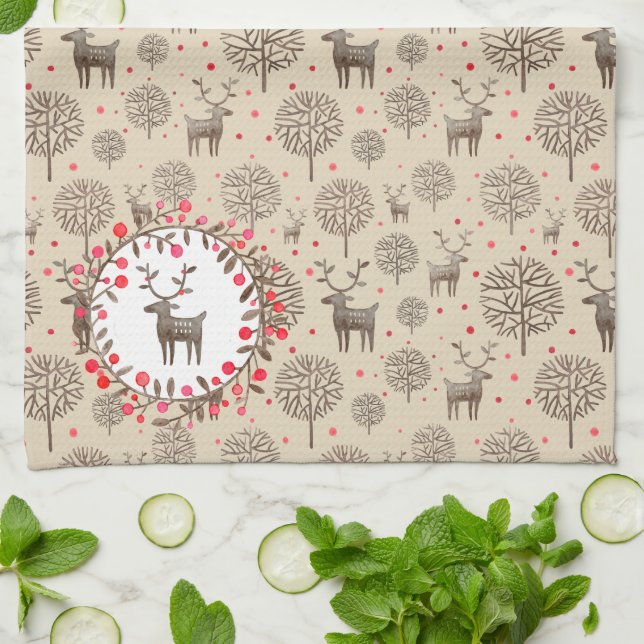 Watercolor Woodland Reindeer Pattern Earth Tone Kitchen Towel (Folded)