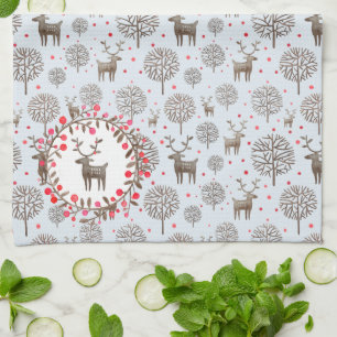 Watercolor Woodland Reindeer Pattern Pastel Blue Kitchen Towel