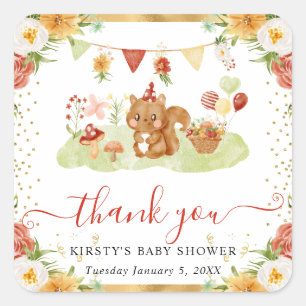 Watercolor Woodland Squirrel Baby Shower Square Sticker
