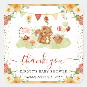 Watercolor Woodland Squirrel Baby Shower Square Sticker