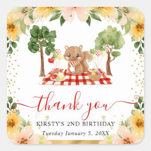 Watercolor Woodland Squirrel Picnic Birthday Square Sticker