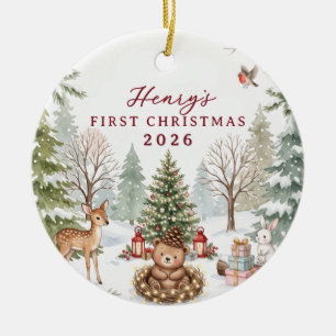 Watercolor Woodland Storybook Baby 1st Christmas Ceramic Ornament