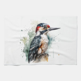 Watercolor Woodland Woodpecker Kitchen Towel