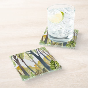 Watercolor Woods   Green Nature Forest Painting Glass Coaster