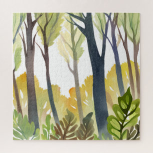Watercolor Woods   Green Nature Forest Painting Jigsaw Puzzle