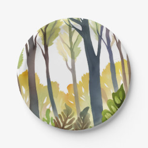 Watercolor Woods   Green Nature Forest Painting Paper Plate