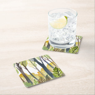 Watercolor Woods   Green Nature Forest Painting Square Paper Coaster