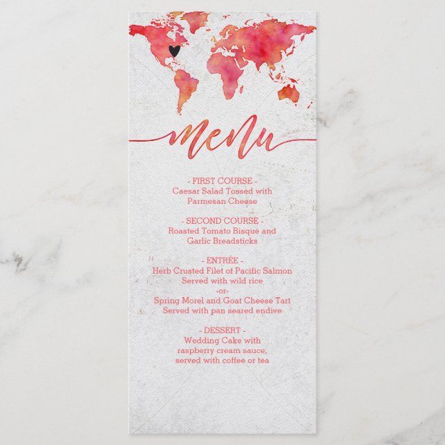 Watercolor World Map Destination Wedding Menu (Front)