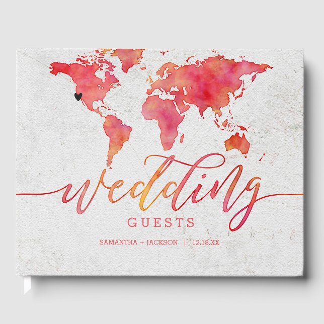 Watercolor World Map Destination Wedding Monogram Guest Book (Front)