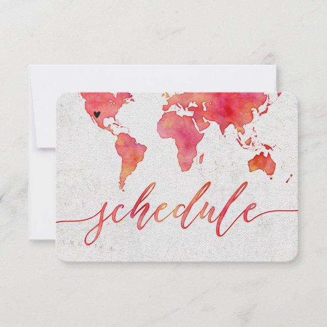 Watercolor World Map Destination Wedding Schedule Invitation (Front)