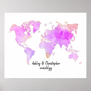 Watercolor World Map Mariage Livre d'or Art Imprim