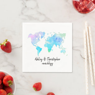 Watercolor World Map Personalized Couple Serviette Napkin
