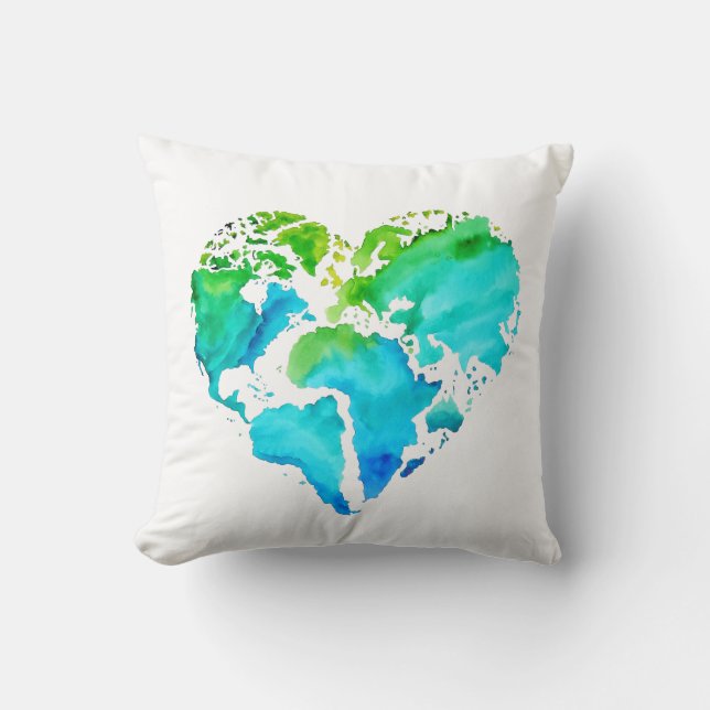 Watercolor World Map Pillow - Heart Shaped Map (Front)