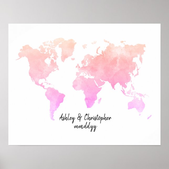 Watercolor World Map Wedding Guest Book Art Print (Front)