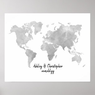Watercolor World Map Wedding Guest Book Print