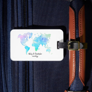 Watercolor World Map Wedding Newlywed Trip Gift Luggage Tag