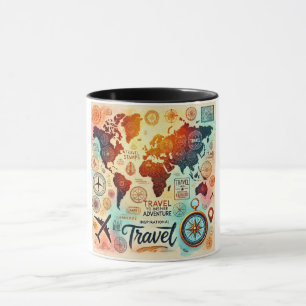 Watercolor World Map with Compass Mug