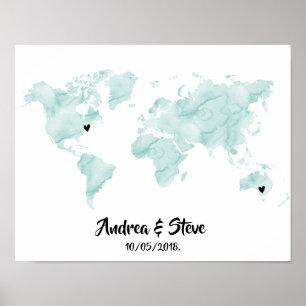 Watercolor World Map with removable hearts couples Poster