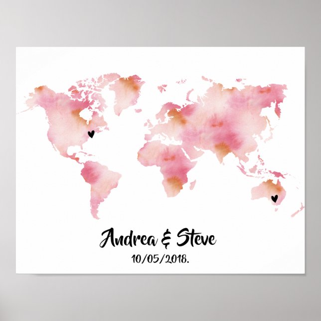 Watercolor World Map with removable hearts couples Poster (Front)