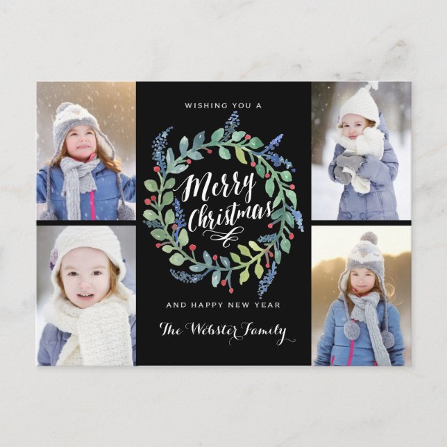 Watercolor Wreath 4 Photo Christmas Black Holiday Postcard (Front)