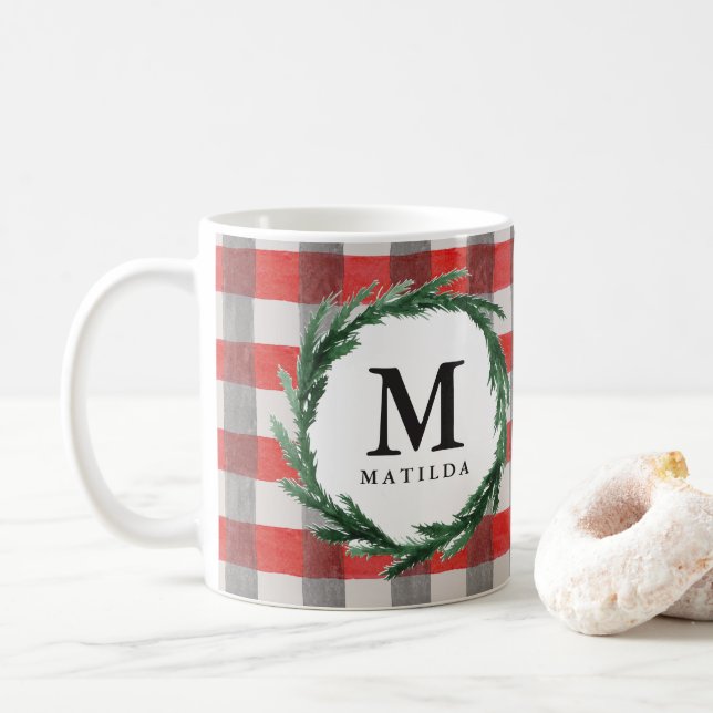 Watercolor wreath and check initial christmas coffee mug (With Donut)