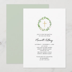 Watercolor Wreath and Gold Cross Baptism Invitation