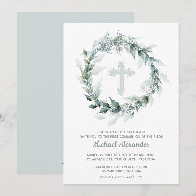 Watercolor Wreath Blue First Communion Invitations (Devant / Derrière)