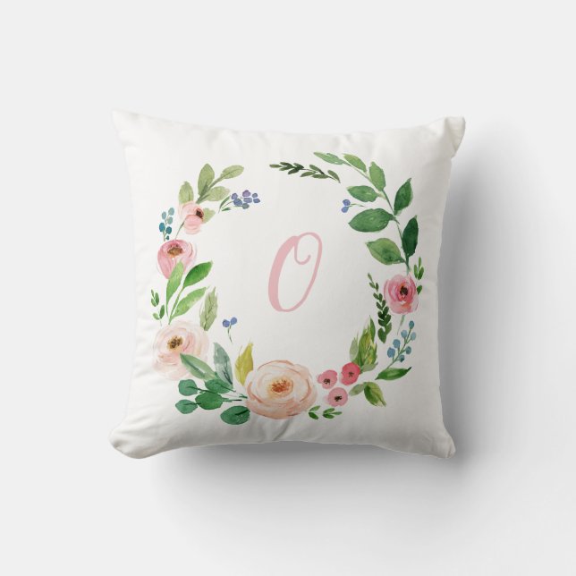 Watercolor wreath blush pink personalized throw pillow (Front)