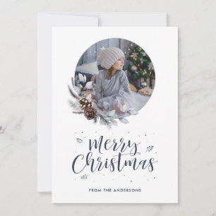 Watercolor Wreath Calligraphy Photo Christmas Card