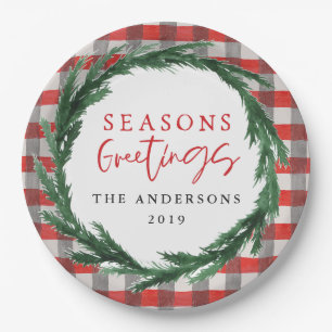 Watercolor wreath + check Christmas holiday Paper Plate
